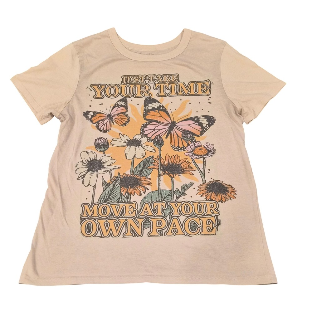 Zoe + Liv Tan Butterfly Daisy Graphic Tee Shirt XS Just Take Your Time Boho